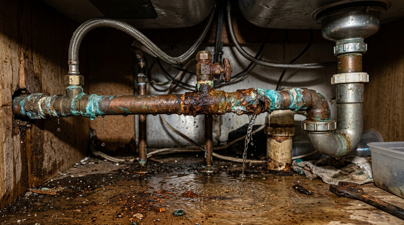 Leaky Corroded Copper Pipe Before Care